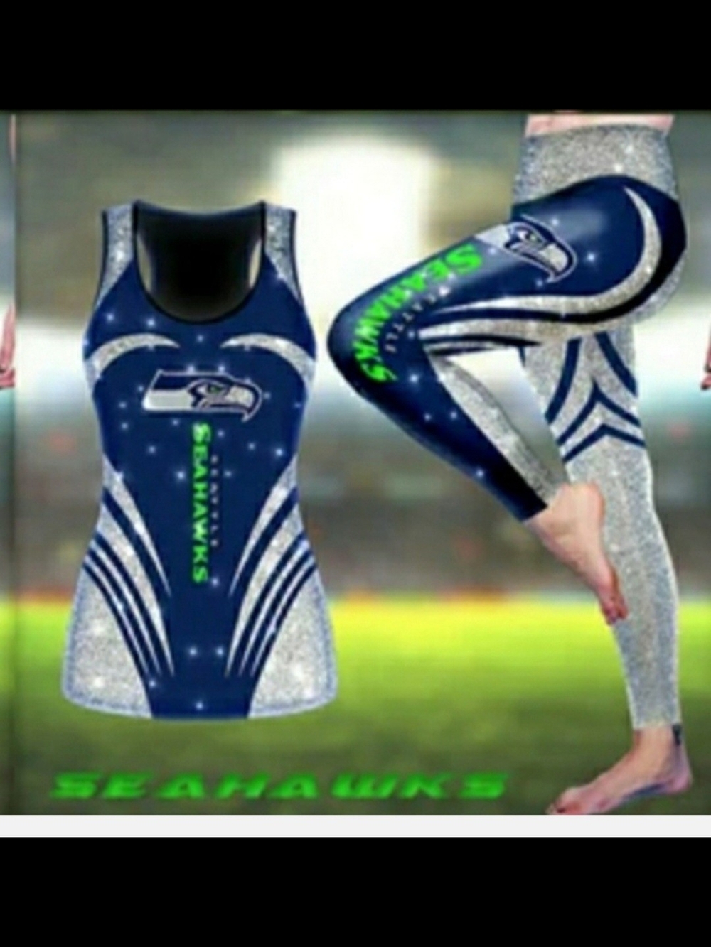 NWT- Seattle Seahawks Womens Small Navy & Silver Athletic Tank and Leggings Set